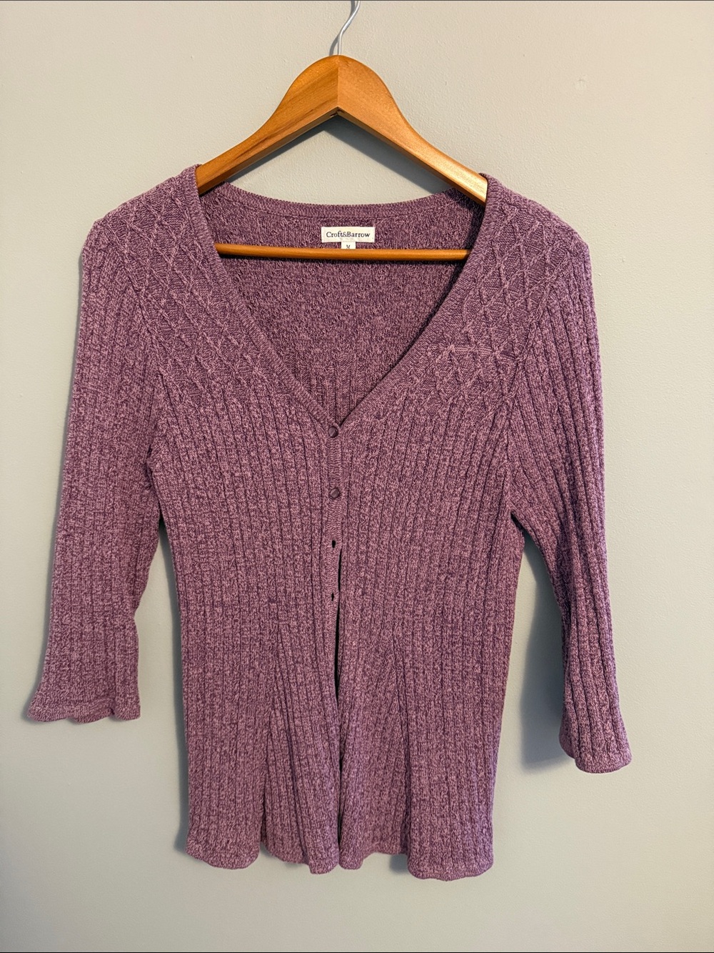croft & barrow Mauve Ribbed V-Neck Button Front Cardigan